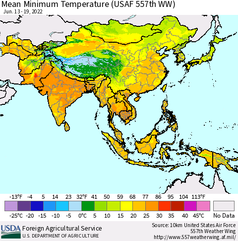 Asia Mean Minimum Temperature (USAF 557th WW) Thematic Map For 6/13/2022 - 6/19/2022