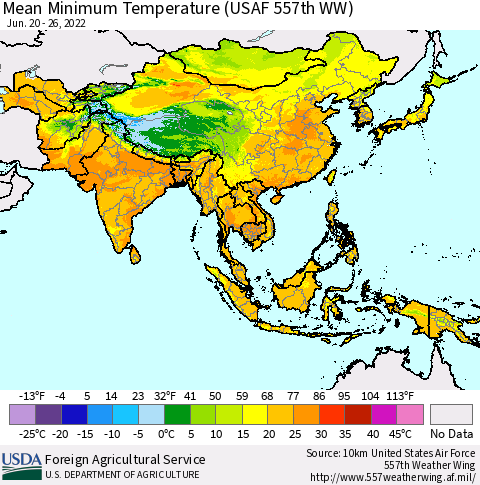 Asia Mean Minimum Temperature (USAF 557th WW) Thematic Map For 6/20/2022 - 6/26/2022