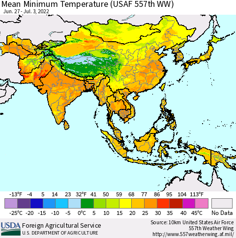 Asia Mean Minimum Temperature (USAF 557th WW) Thematic Map For 6/27/2022 - 7/3/2022