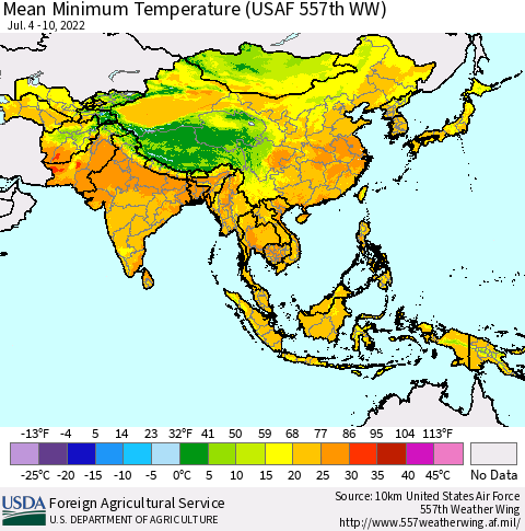 Asia Mean Minimum Temperature (USAF 557th WW) Thematic Map For 7/4/2022 - 7/10/2022