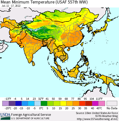 Asia Mean Minimum Temperature (USAF 557th WW) Thematic Map For 7/11/2022 - 7/17/2022