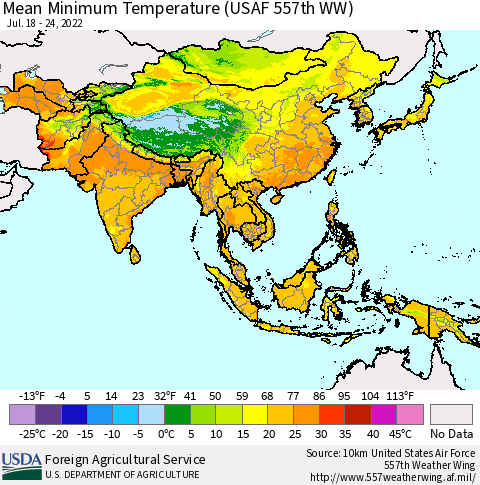 Asia Mean Minimum Temperature (USAF 557th WW) Thematic Map For 7/18/2022 - 7/24/2022