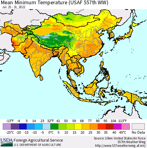 Asia Mean Minimum Temperature (USAF 557th WW) Thematic Map For 7/25/2022 - 7/31/2022