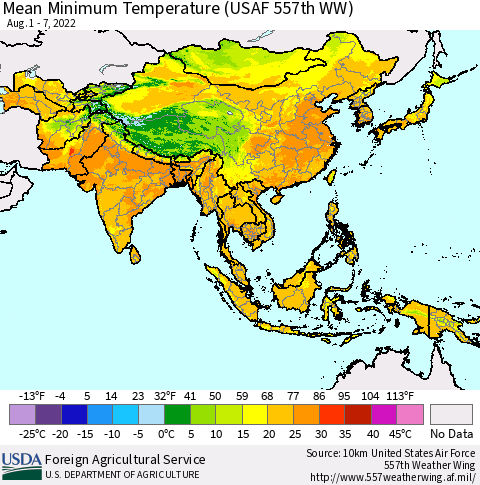 Asia Mean Minimum Temperature (USAF 557th WW) Thematic Map For 8/1/2022 - 8/7/2022