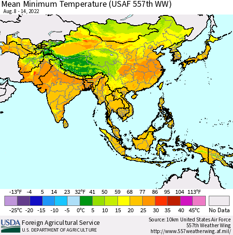 Asia Mean Minimum Temperature (USAF 557th WW) Thematic Map For 8/8/2022 - 8/14/2022