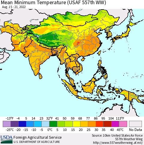 Asia Mean Minimum Temperature (USAF 557th WW) Thematic Map For 8/15/2022 - 8/21/2022