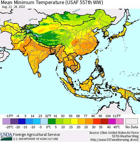 Asia Mean Minimum Temperature (USAF 557th WW) Thematic Map For 8/22/2022 - 8/28/2022