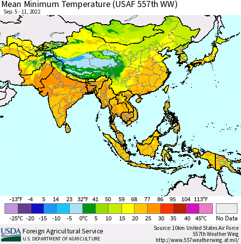 Asia Mean Minimum Temperature (USAF 557th WW) Thematic Map For 9/5/2022 - 9/11/2022