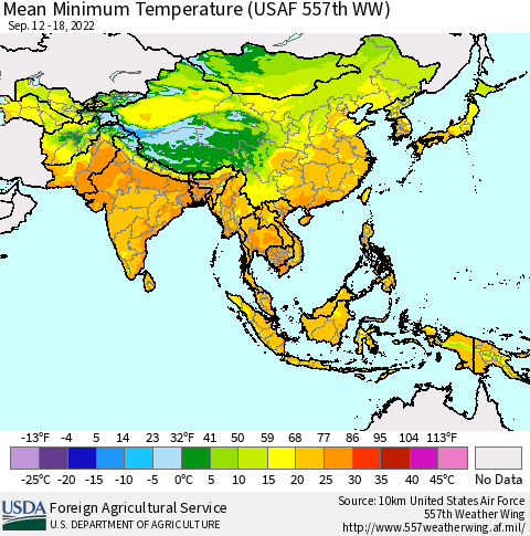 Asia Mean Minimum Temperature (USAF 557th WW) Thematic Map For 9/12/2022 - 9/18/2022