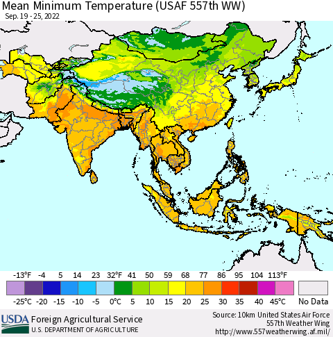 Asia Mean Minimum Temperature (USAF 557th WW) Thematic Map For 9/19/2022 - 9/25/2022