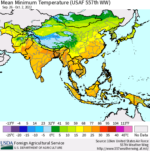 Asia Mean Minimum Temperature (USAF 557th WW) Thematic Map For 9/26/2022 - 10/2/2022