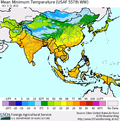 Asia Mean Minimum Temperature (USAF 557th WW) Thematic Map For 10/3/2022 - 10/9/2022