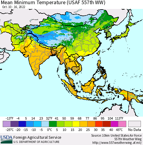 Asia Mean Minimum Temperature (USAF 557th WW) Thematic Map For 10/10/2022 - 10/16/2022