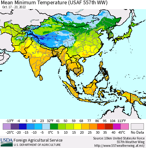 Asia Mean Minimum Temperature (USAF 557th WW) Thematic Map For 10/17/2022 - 10/23/2022