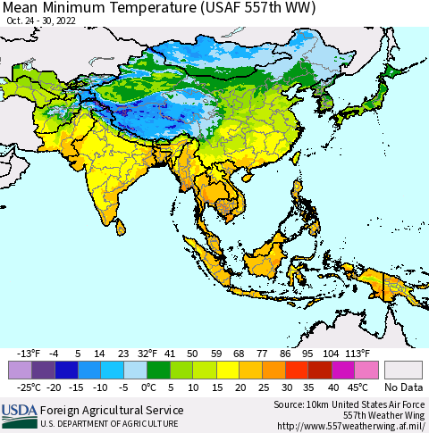 Asia Mean Minimum Temperature (USAF 557th WW) Thematic Map For 10/24/2022 - 10/30/2022