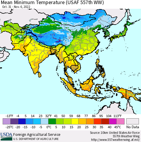 Asia Mean Minimum Temperature (USAF 557th WW) Thematic Map For 10/31/2022 - 11/6/2022