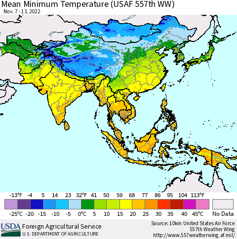 Asia Mean Minimum Temperature (USAF 557th WW) Thematic Map For 11/7/2022 - 11/13/2022