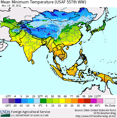 Asia Mean Minimum Temperature (USAF 557th WW) Thematic Map For 11/14/2022 - 11/20/2022