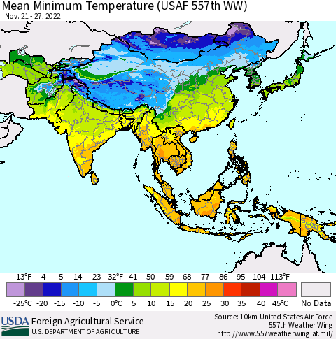Asia Mean Minimum Temperature (USAF 557th WW) Thematic Map For 11/21/2022 - 11/27/2022