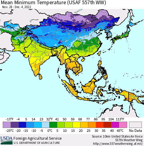 Asia Mean Minimum Temperature (USAF 557th WW) Thematic Map For 11/28/2022 - 12/4/2022
