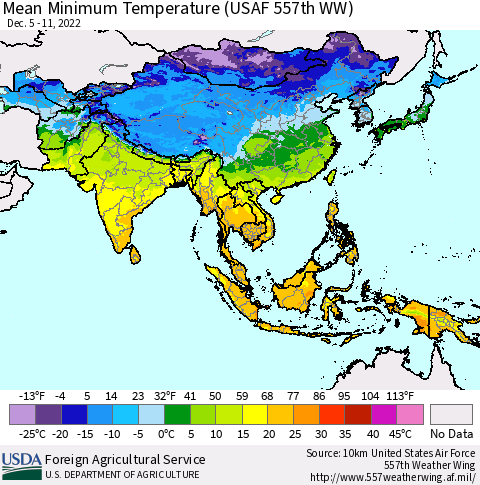 Asia Mean Minimum Temperature (USAF 557th WW) Thematic Map For 12/5/2022 - 12/11/2022