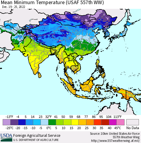 Asia Mean Minimum Temperature (USAF 557th WW) Thematic Map For 12/19/2022 - 12/25/2022