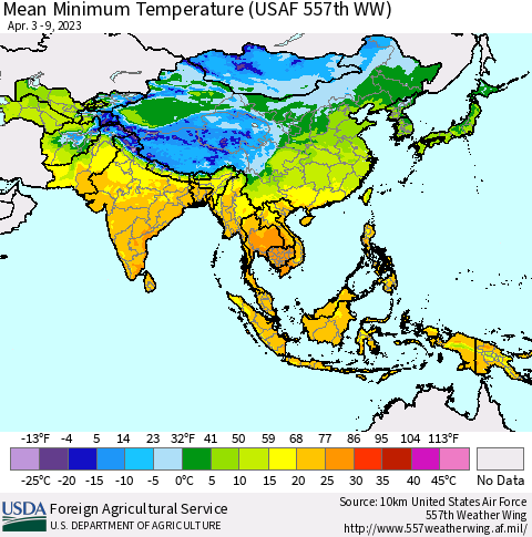 Asia Mean Minimum Temperature (USAF 557th WW) Thematic Map For 4/3/2023 - 4/9/2023