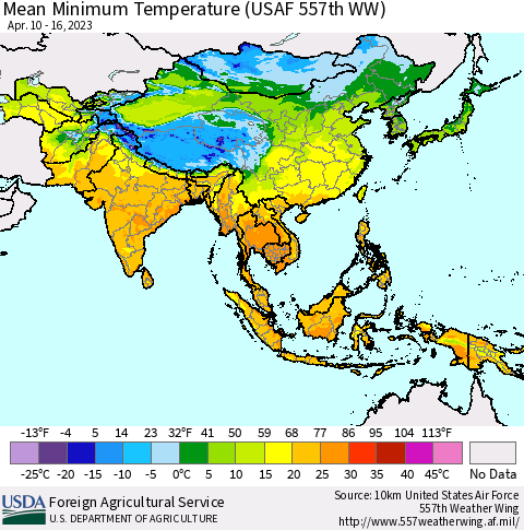 Asia Mean Minimum Temperature (USAF 557th WW) Thematic Map For 4/10/2023 - 4/16/2023