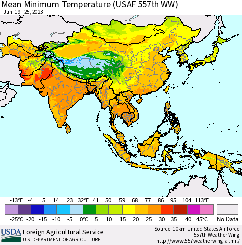 Asia Mean Minimum Temperature (USAF 557th WW) Thematic Map For 6/19/2023 - 6/25/2023
