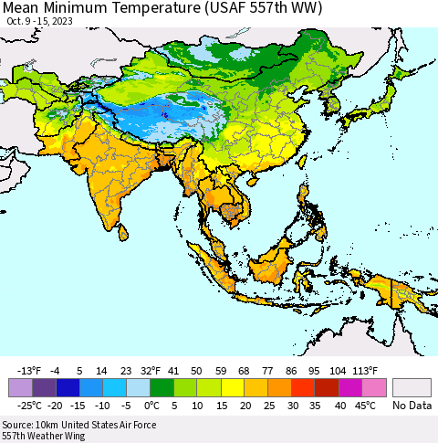 Asia Mean Minimum Temperature (USAF 557th WW) Thematic Map For 10/9/2023 - 10/15/2023
