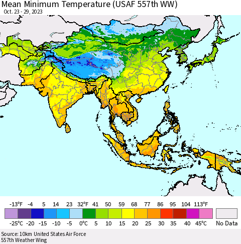 Asia Mean Minimum Temperature (USAF 557th WW) Thematic Map For 10/23/2023 - 10/29/2023