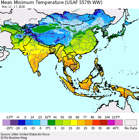 Asia Mean Minimum Temperature (USAF 557th WW) Thematic Map For 3/11/2024 - 3/17/2024