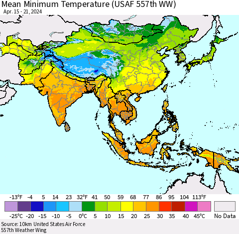 Asia Mean Minimum Temperature (USAF 557th WW) Thematic Map For 4/15/2024 - 4/21/2024