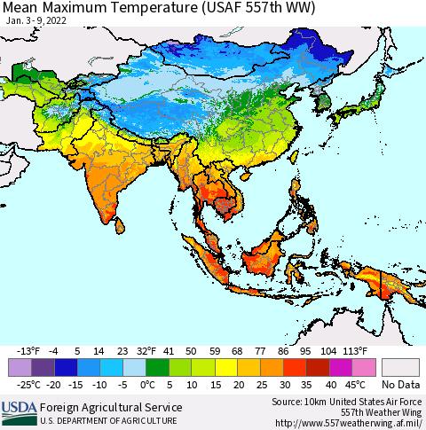 Asia Mean Maximum Temperature (USAF 557th WW) Thematic Map For 1/3/2022 - 1/9/2022