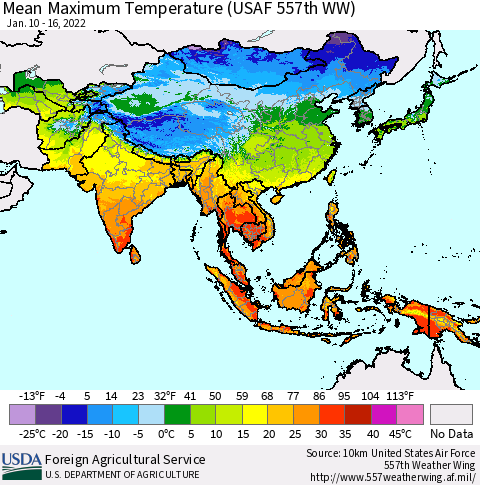 Asia Mean Maximum Temperature (USAF 557th WW) Thematic Map For 1/10/2022 - 1/16/2022