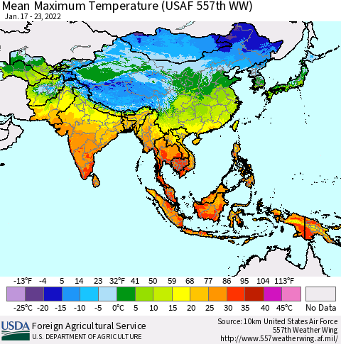 Asia Mean Maximum Temperature (USAF 557th WW) Thematic Map For 1/17/2022 - 1/23/2022