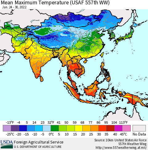 Asia Mean Maximum Temperature (USAF 557th WW) Thematic Map For 1/24/2022 - 1/30/2022