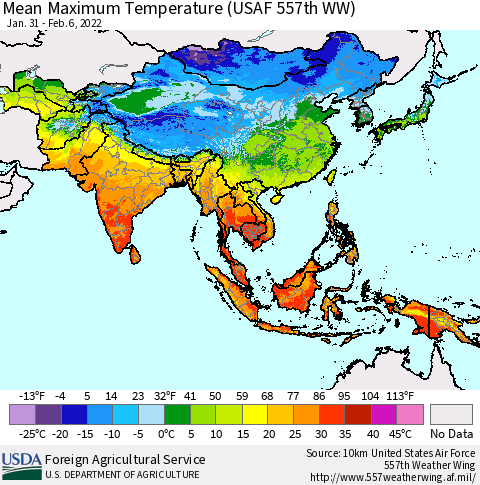 Asia Mean Maximum Temperature (USAF 557th WW) Thematic Map For 1/31/2022 - 2/6/2022