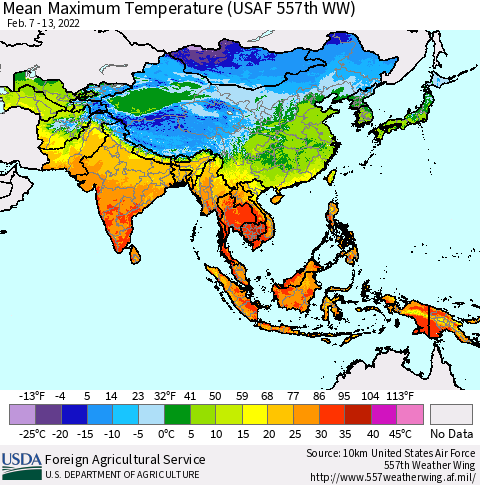 Asia Mean Maximum Temperature (USAF 557th WW) Thematic Map For 2/7/2022 - 2/13/2022