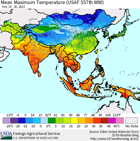 Asia Mean Maximum Temperature (USAF 557th WW) Thematic Map For 2/14/2022 - 2/20/2022
