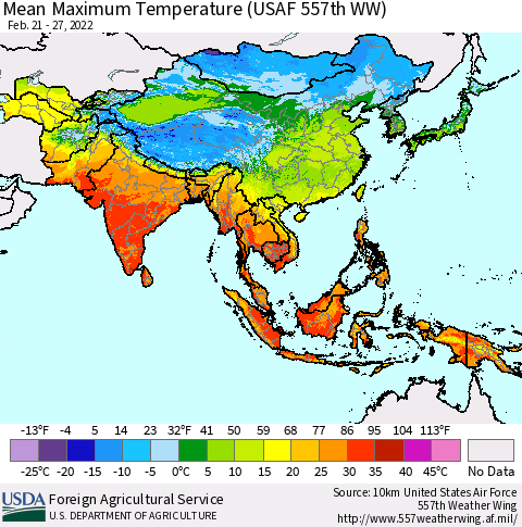 Asia Mean Maximum Temperature (USAF 557th WW) Thematic Map For 2/21/2022 - 2/27/2022