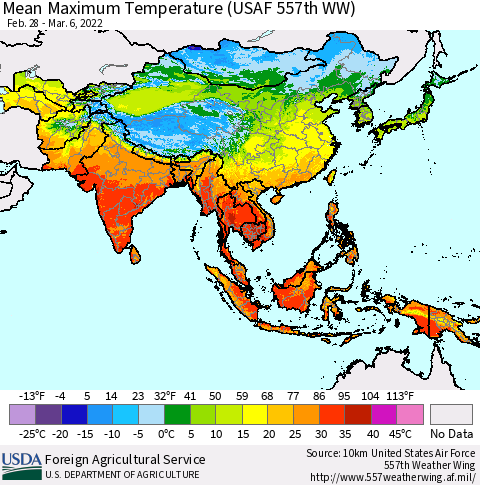 Asia Mean Maximum Temperature (USAF 557th WW) Thematic Map For 2/28/2022 - 3/6/2022