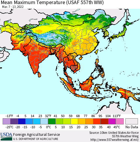 Asia Mean Maximum Temperature (USAF 557th WW) Thematic Map For 3/7/2022 - 3/13/2022