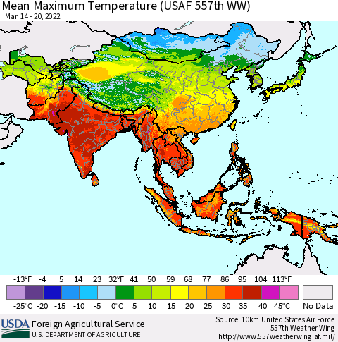 Asia Mean Maximum Temperature (USAF 557th WW) Thematic Map For 3/14/2022 - 3/20/2022