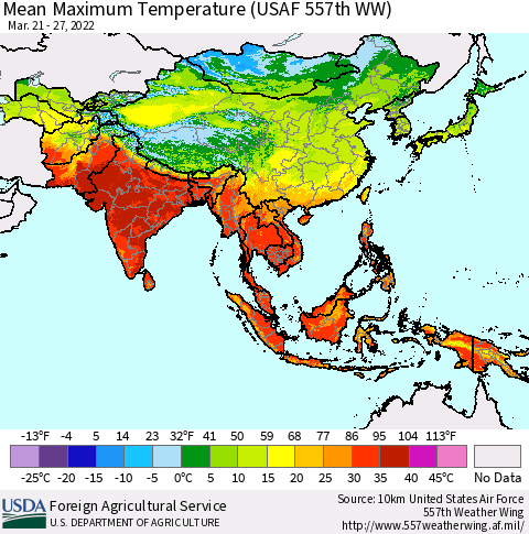 Asia Mean Maximum Temperature (USAF 557th WW) Thematic Map For 3/21/2022 - 3/27/2022