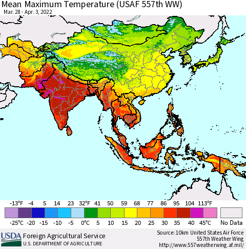 Asia Mean Maximum Temperature (USAF 557th WW) Thematic Map For 3/28/2022 - 4/3/2022