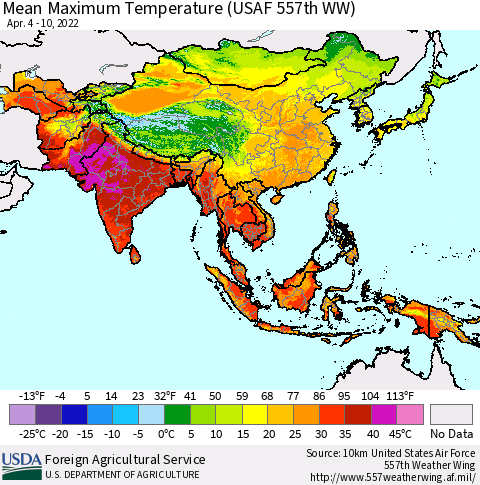 Asia Mean Maximum Temperature (USAF 557th WW) Thematic Map For 4/4/2022 - 4/10/2022