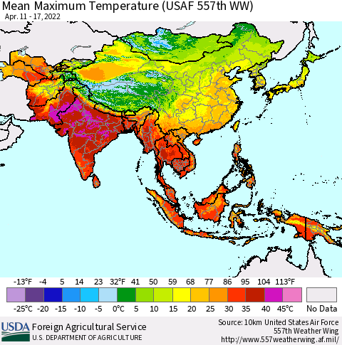 Asia Mean Maximum Temperature (USAF 557th WW) Thematic Map For 4/11/2022 - 4/17/2022