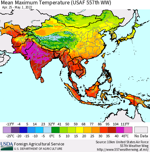 Asia Mean Maximum Temperature (USAF 557th WW) Thematic Map For 4/25/2022 - 5/1/2022