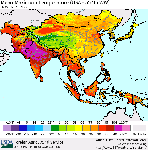 Asia Mean Maximum Temperature (USAF 557th WW) Thematic Map For 5/16/2022 - 5/22/2022